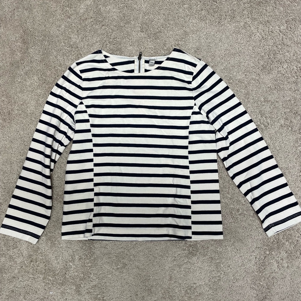 J. Crew zip back navy & white stripe shirt size medium NWOT bracelet lgth sleeve